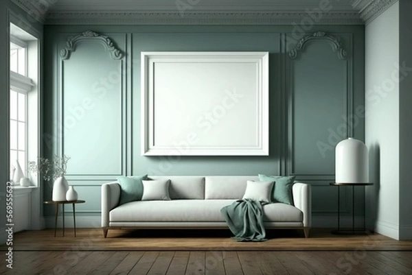 Obraz living room all in white and green decor, warm and comfortable with a blank frame on the wall. fashion furniture, beautiful decor in white. ai generative content