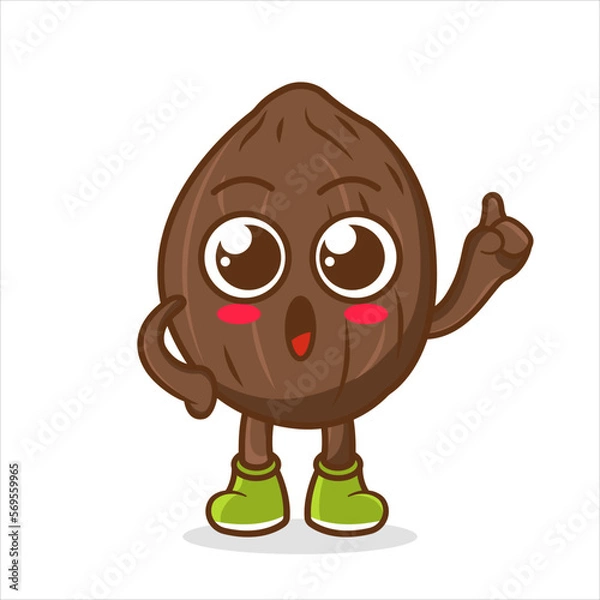 Fototapeta Cute coconut character with happy face and Gesture pointing up. Fruit character icon concept isolated.