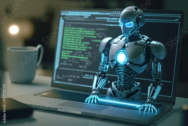 Fototapeta AI artificial intelligence robot metaverse cyberspace digital world computer network revolution of AI automated digital industry M2M technology internet network industry 4.0, humanoid. Generative ai