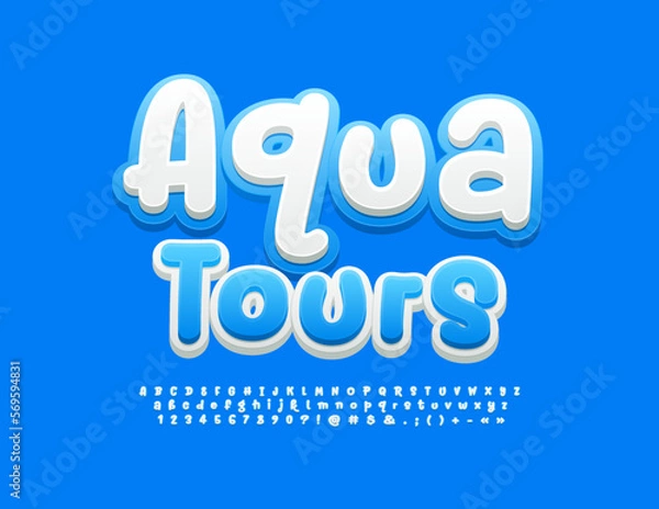 Fototapeta Vector recreational emblem Aqua Tours with Blue and White Alphabet Letters, Numbers a Symbols set. Modern style 