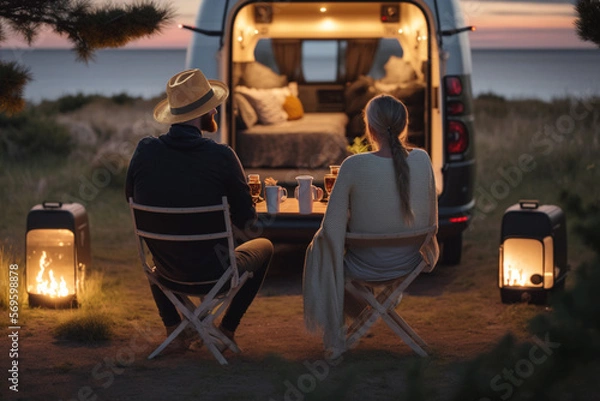 Fototapeta Elderly couple sitting behind their camper with fireplace looking to the ocean, generative ai