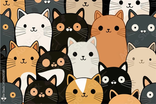 Fototapeta A large group of cats with different colors. Cartoon cat characters seamless pattern.