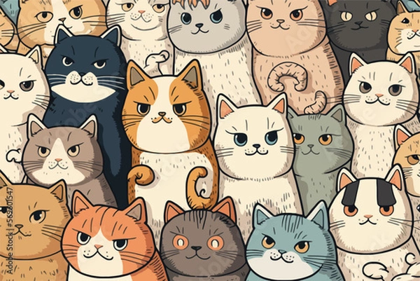 Fototapeta A large group of cats with different colors. Cartoon cat characters seamless pattern.