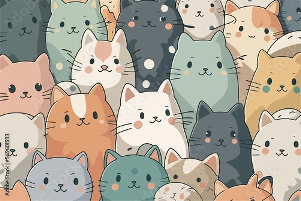 Fototapeta A large group of cats with different colors. Cartoon cat characters seamless pattern.