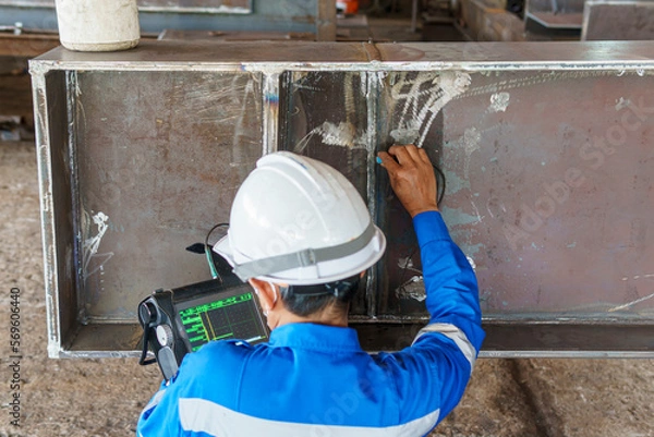 Fototapeta Inspectors are checking defects in welded steel h-beam add joint with process Ultrasonic testing (UT) of Non-Destructive Testing(NDT)