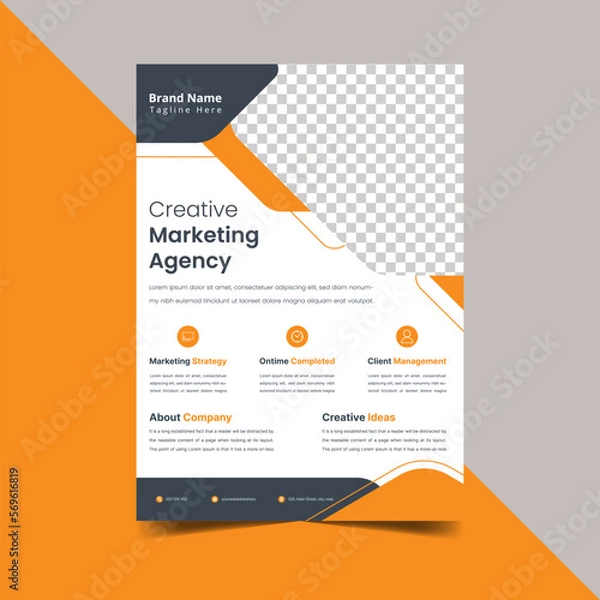 Fototapeta Flyer Real Estate. Creative Shape Can Be 
Adapt To Brochure, Vector Template, Annual Report,
Magazine, Business Presentation, Poster, Minimal Brochure Layout, Flyer, Banner.

