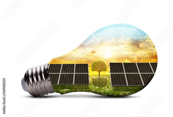 Fototapeta Eco LED light bulb with solar energy panels isolated on transparent background, PNG. Concept of green energy.	