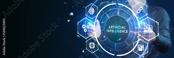 Fototapeta Artificial intelligence (AI), machine learning and modern computer technologies concepts. Business, Technology, Internet and network concept.