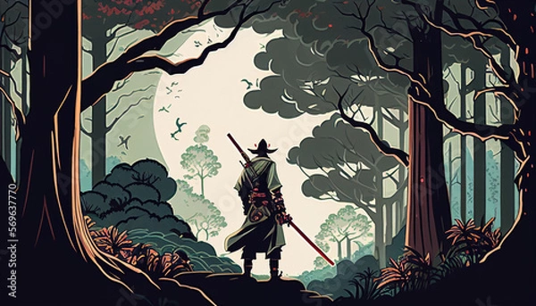 Fototapeta Samurai in the Forest Generative AI