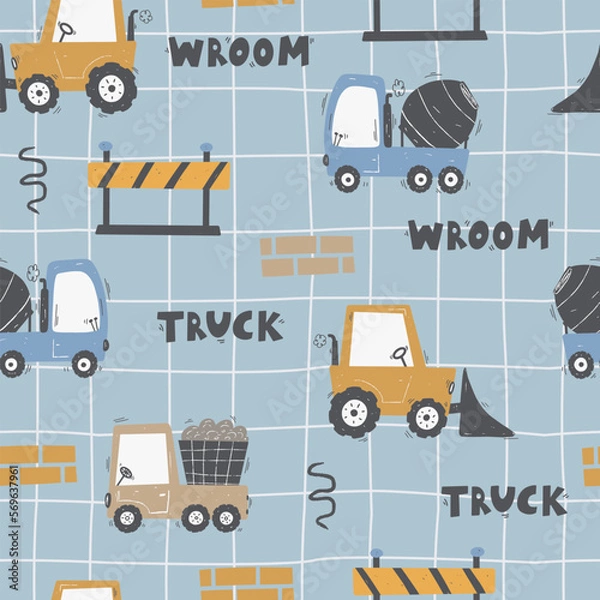 Fototapeta Cute children's seamless pattern with trucks and diggers in Scandinavian style on a white background. Building equipment. Funny construction transport