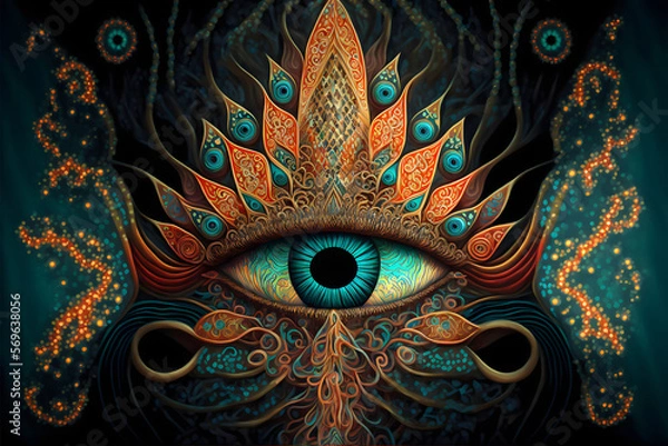 Fototapeta ethnic psychedelic jungle green ornate background, neural network generated art. Digitally generated image. Not based on any actual person, scene or pattern.