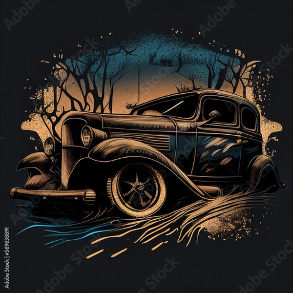 Fototapeta old car illustration for shirt design ,generative ai technology