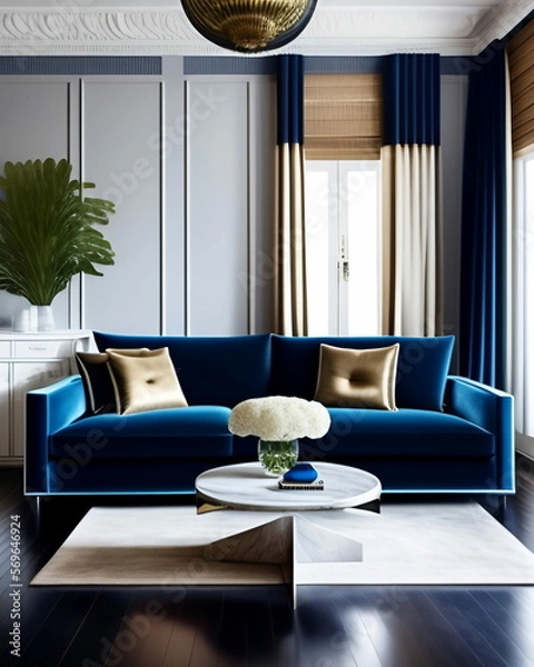 Fototapeta This living room uses white, brown and denim blue to make relaxing look easy. generative AI.