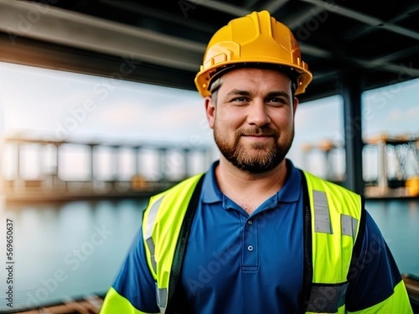 Obraz Man wearing hard hat on a construction site. Made with Generative AI.	