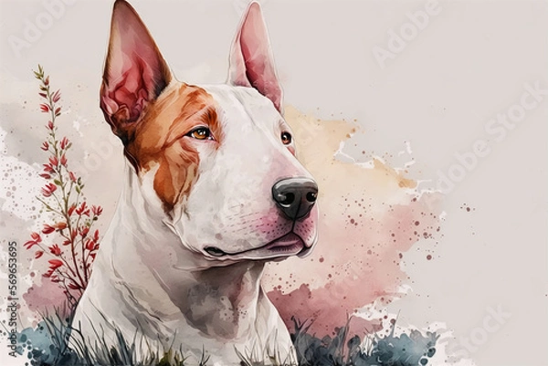 Fototapeta Realistic watercolor english pit bull terrier with watercolor stains background.AI generated.