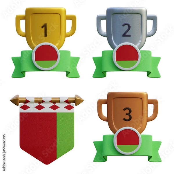 Fototapeta 3d render, transparent game asset, pennant with national flag of Belarus winner podium
