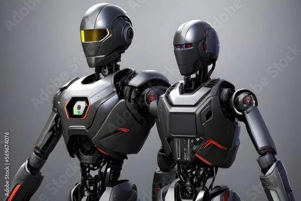 Fototapeta Two robots on a gray background. AI generated.