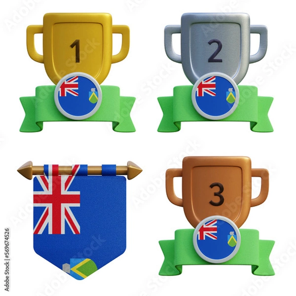 Fototapeta 3d render, transparent game asset, pennant with national flag of Pitcairn Islands winner podium