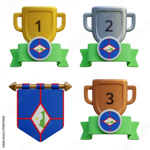 Fototapeta 3d render, transparent game asset, pennant with national flag of Sint Eustatius winner podium