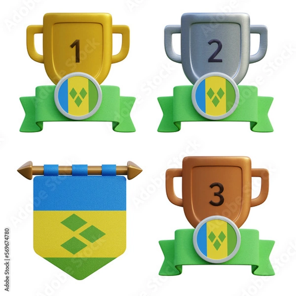 Fototapeta 3d render, transparent game asset, pennant with national flag of St Vincent And The Grenadines winner podium