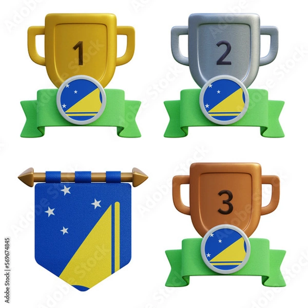 Fototapeta 3d render, transparent game asset, pennant with national flag of Tokelau winner podium