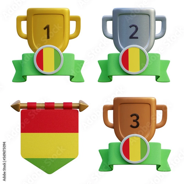 Fototapeta 3d render, transparent game asset, pennant with national flag of Guinea winner podium
