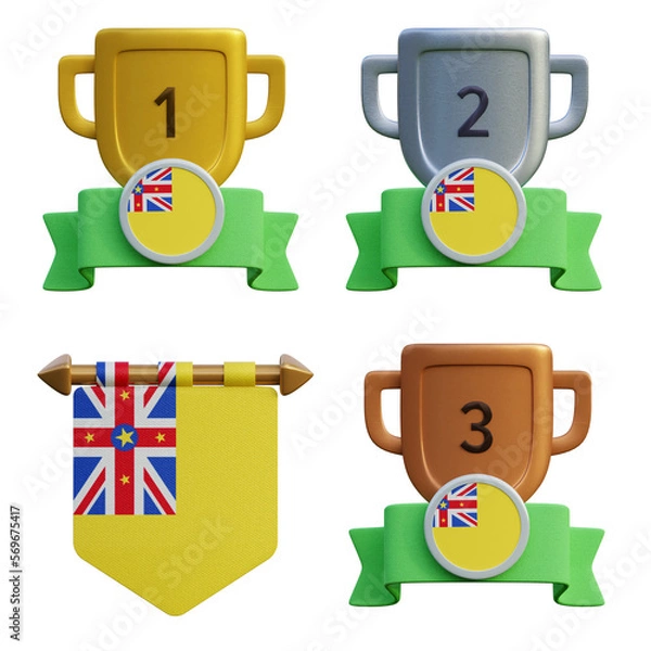 Fototapeta 3d render, transparent game asset, pennant with national flag of Niue winner podium