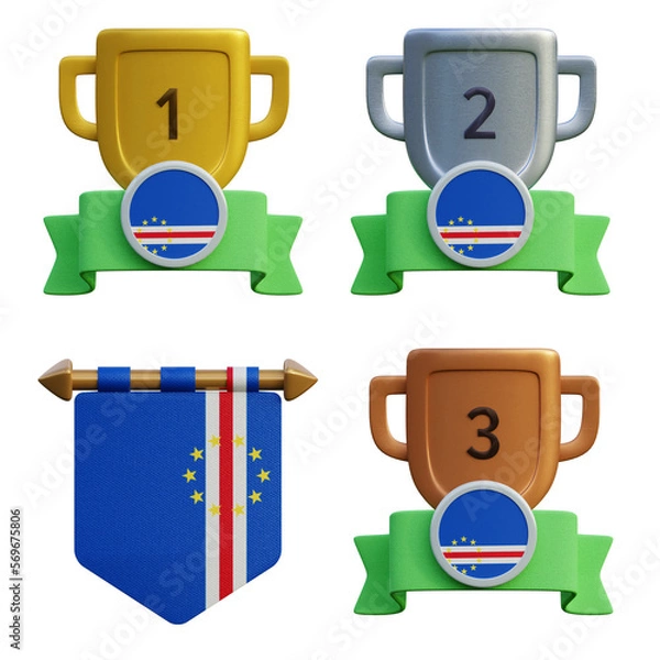 Fototapeta 3d render, transparent game asset, pennant with national flag of Cape Verde winner podium