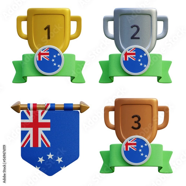Fototapeta 3d render, transparent game asset, pennant with national flag of Cook Islands winner podium