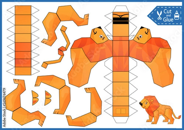 Fototapeta Paper craft game cut and glue toy lion. Create papercraft 3d toys. Activity printable gaming page. Birthday template worksheet. Vector kids cutout art puzzle.
