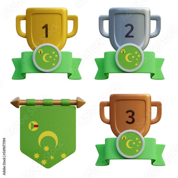 Fototapeta 3d render, transparent game asset, pennant with national flag of Cocos Island winner podium
