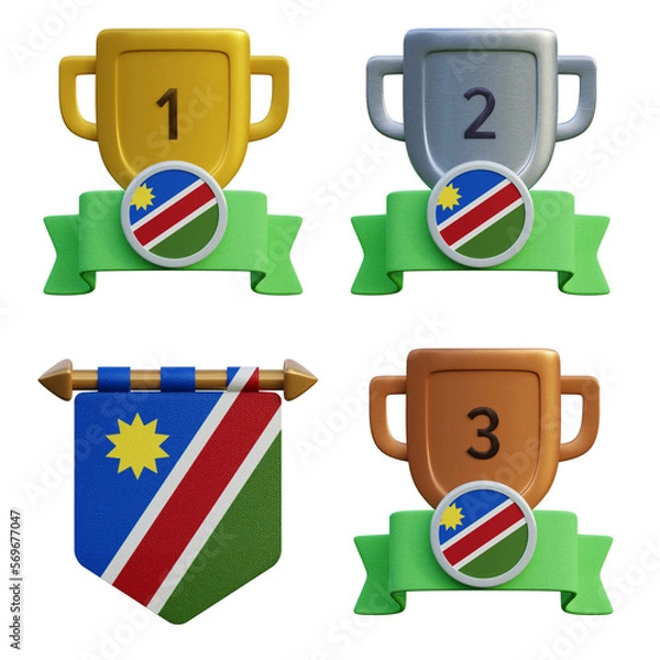 Fototapeta 3d render, transparent game asset, pennant with national flag of Namibia winner podium