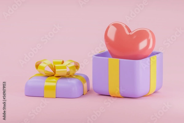 Fototapeta Gift box with big red heart isolated on pink background. Love and valentine theme. 3d render illustration
