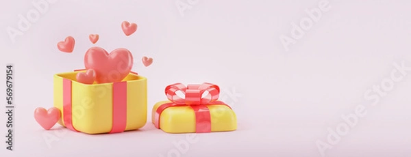 Fototapeta Gift box with hearts isolated on white background. Love and valentine theme. 3d render banner