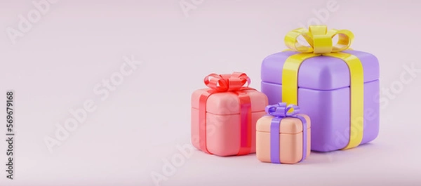 Fototapeta Gift boxes with ribbons isolated on white background. 3d render banner