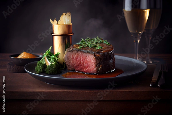 Fototapeta Appetitanregendes Medium gebratenes Steak angerichtet auf einem Teller - Generative Ai 