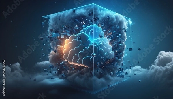 Fototapeta Digital futuristic imaginative illustration of technology cloud computing created with generative ai technology