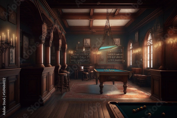 Fototapeta internal design with pool table and amazing light, 3d render, generative ai