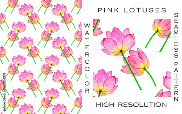 Obraz Trendy abstract seamless pattern with pink lotuses painted with watercolor pencils on blue. Suitable for fabrics, prints, postcards, invitations, mobile apps, banners design, internet ads and more