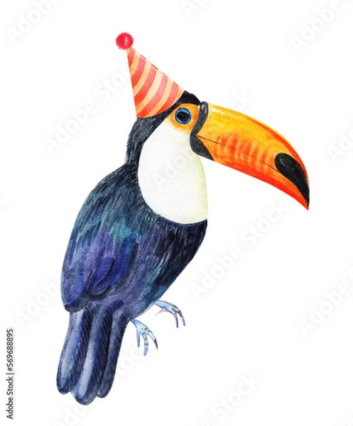 Obraz Watercolor toucan in party hat isolated on white