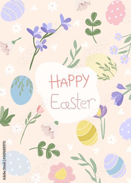 Obraz Happy Easter greeting card. Bright compositions with spring flowers, Easter eggs, leaves. Spring flowering. Vector graphics.