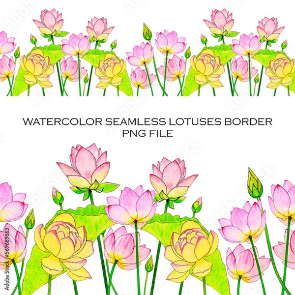 Obraz Trendy abstract seamless border with pink lotuses, buds, painted with watercolor pencils on white. Suitable for fabrics, prints, postcards, invitations, banners design, internet ads and more