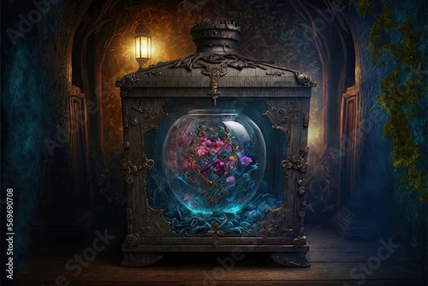 Fototapeta Magical treasure chest in a fantasy chamber, Generative AI