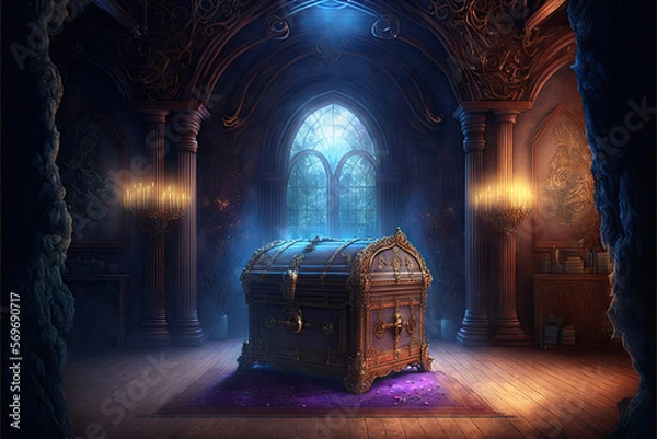 Fototapeta abandoned treasure chest in a fantasy room, rpg quest, Generative AI