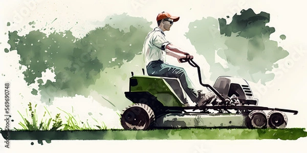 Fototapeta man mowing lawn, watercolor illustration, generativ ai