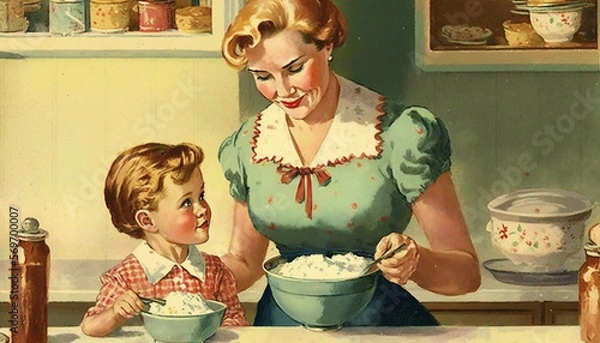 Obraz 1950s kitchen scene. Happy mother and child cooking a meal. Vintage style illustration good for poster, wallpaper, promotion. Made with generative AI.