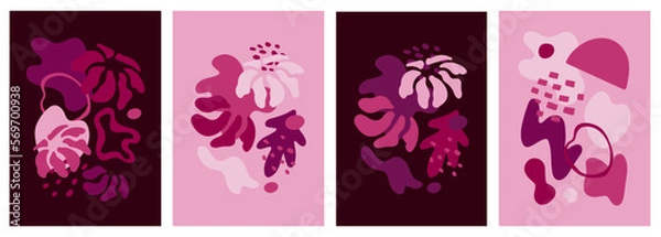 Fototapeta Set of modern abstract shapes and flower posters. Magenta and pink geometric background, banner, vector illustration. Minimalist forms