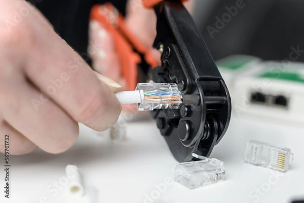 Fototapeta ethernet crimper - cable twisting tool. UTP Cat 5 Ethernet twisted pair connection procedure UTP cable, RJ45 LAN cable crimp.
