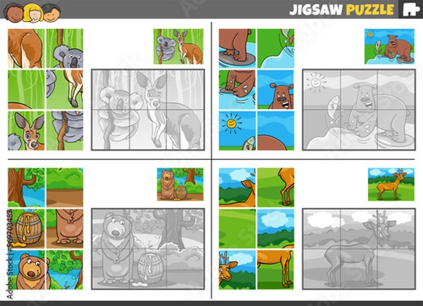 Fototapeta jigsaw puzzle game set with cartoon wild animals
