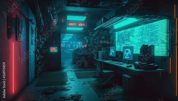Fototapeta Painting 3D render of a computer lab, hackers cave, cyber security room, futuristic, science Generative AI tool